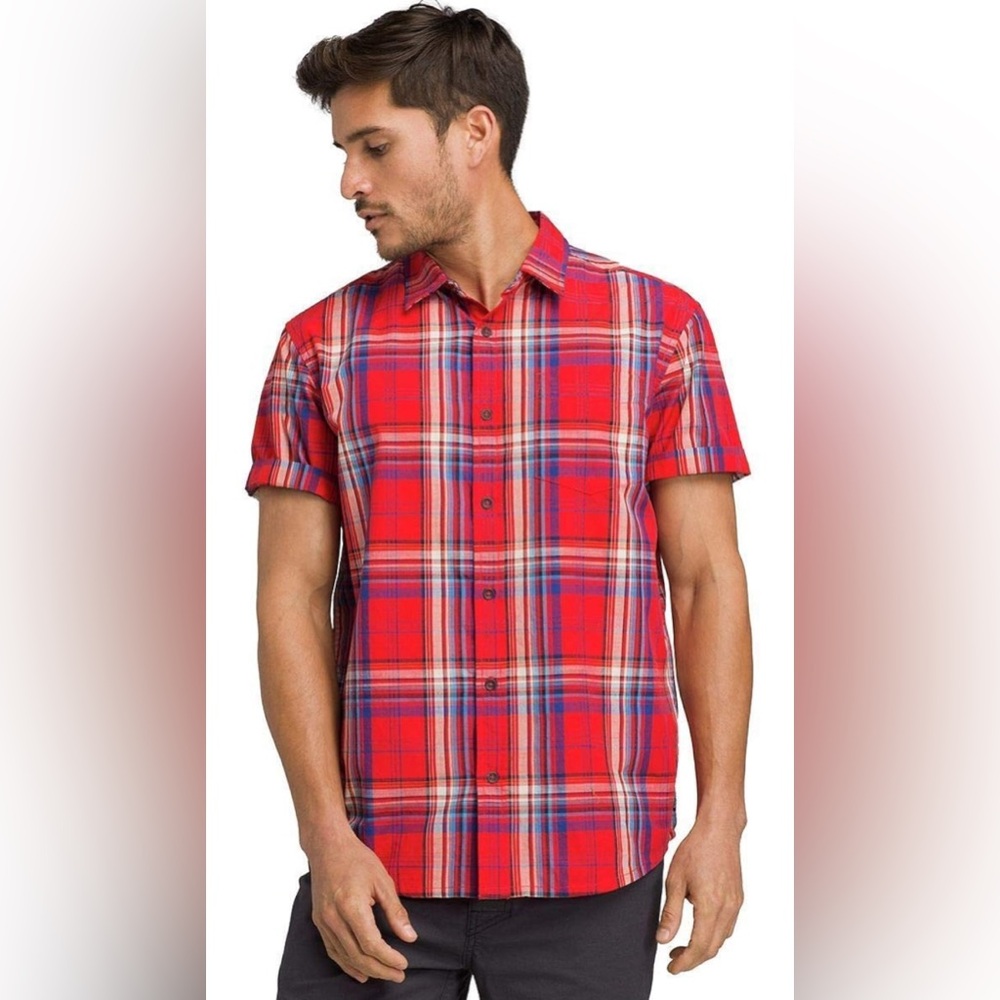 Men’s prAna Benton Short Sleeve Red Plaid Button Down Shirt w/Pocket-Sz L